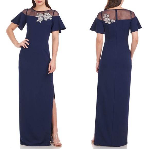 NEW JS COLLECTIONS Navy FLEUR BEADED Scuba Crepe FLUTTERY SLEEVE Column GOWN 0 - Picture 1 of 16